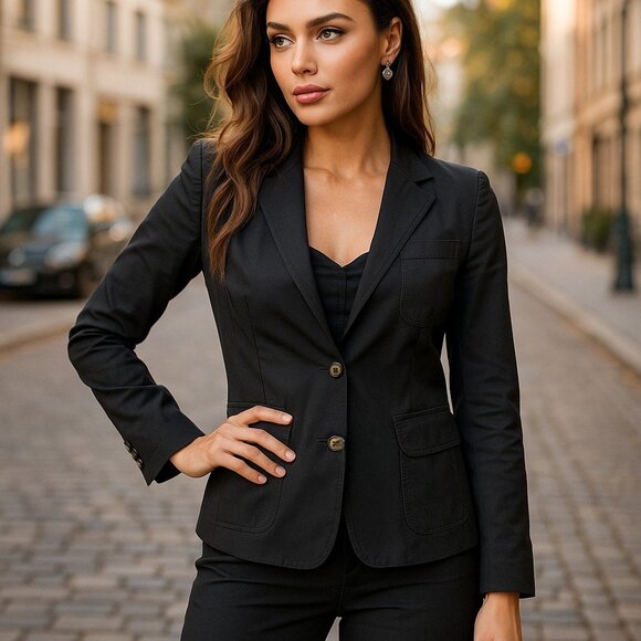 JACK ROGERS Black Cotton Slim Fit Blazer S 4 Suit Jacket Logo Lining Fitted 24" - Picture 1 of 16